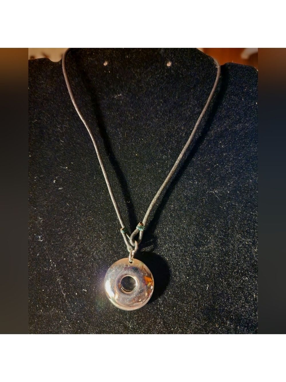 NWT Nine & Company Modern Silver-Tone Donut Pendant Necklace on Black Cord